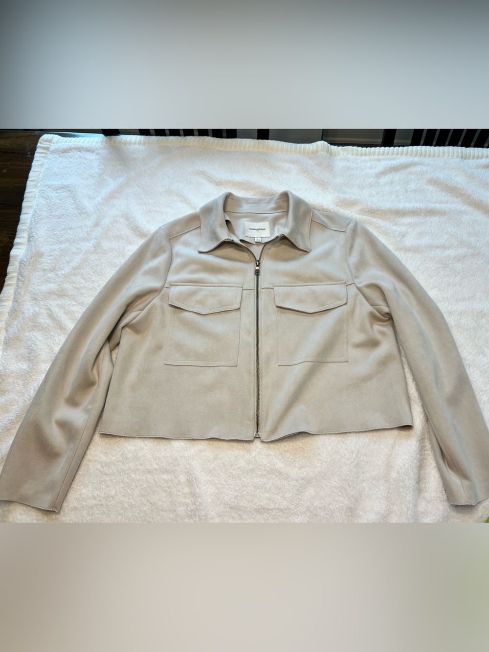 Banana Republic Light Beige Zip-Front Cropped Jacket faux suede fabric